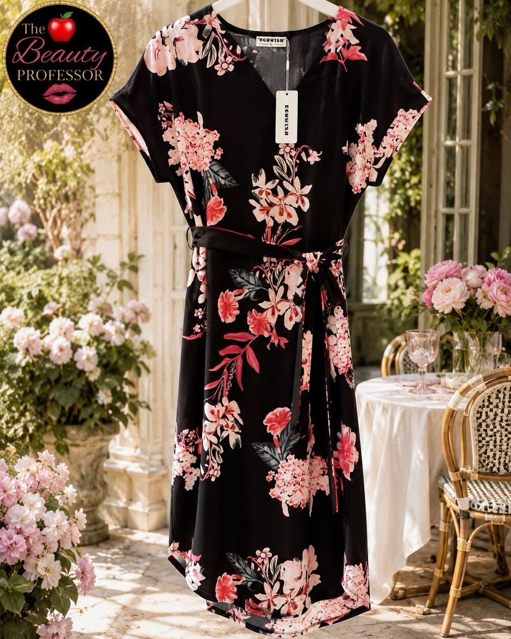 💞 ECOWISH Floral Midi Dress XL NWT Black Pink Faux Wrap Tie Waist